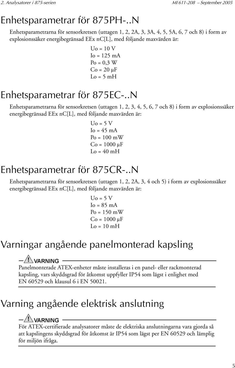 W Co = 20 µf Lo = 5 mh Enhetsparametrar för 875EC-.