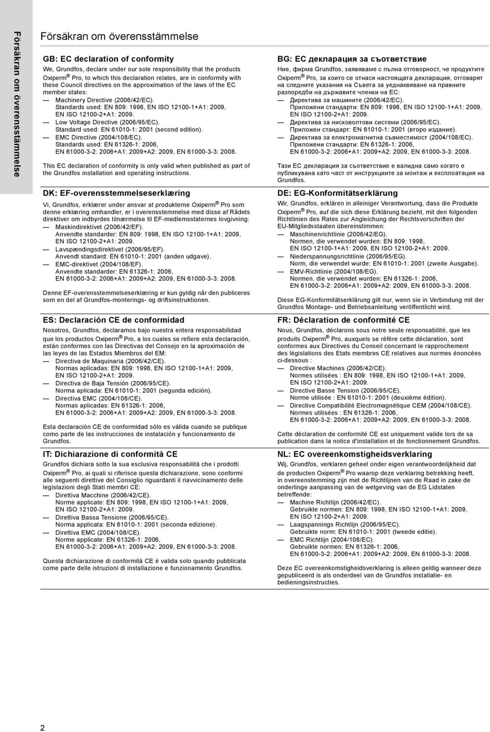 Standards used: EN 809: 1998, EN ISO 12100-1+A1: 2009, EN ISO 12100-2+A1: 2009. Low Voltage Directive (2006/95/EC). Standard used: EN 61010-1: 2001 (second edition). EMC Directive (2004/108/EC).