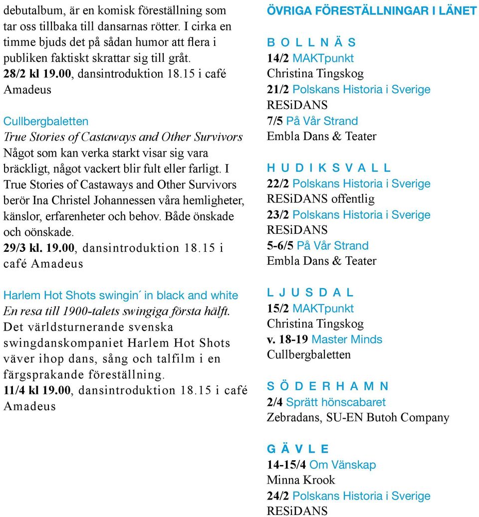 I True Stories of Castaways and Other Survivors berör Ina Christel Johannessen våra hemligheter, känslor, erfarenheter och behov. Både önskade och oönskade. 29/3 kl. 19.00, dansintroduktion 18.