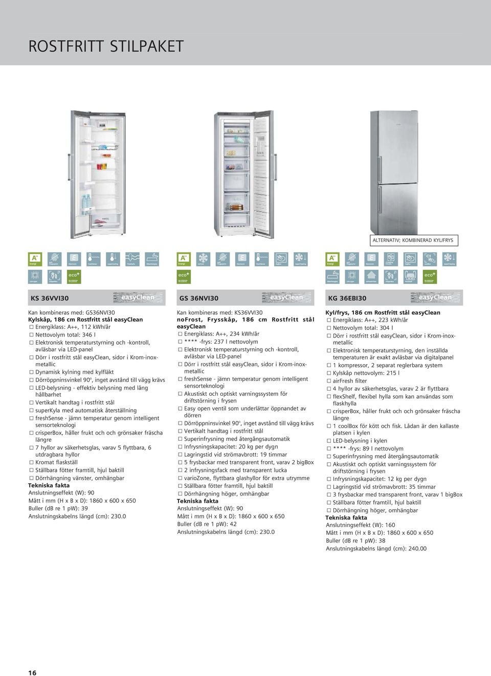 total: 346 l nergiklass: A++, 234 kwh/år Dörr i rostfritt stål easyclean, sidor i Krom-inoxmetallic lektronisk temperaturstyrning och -kontroll, **** -frys: 237 l nettovolym avläsbar via LD-panel