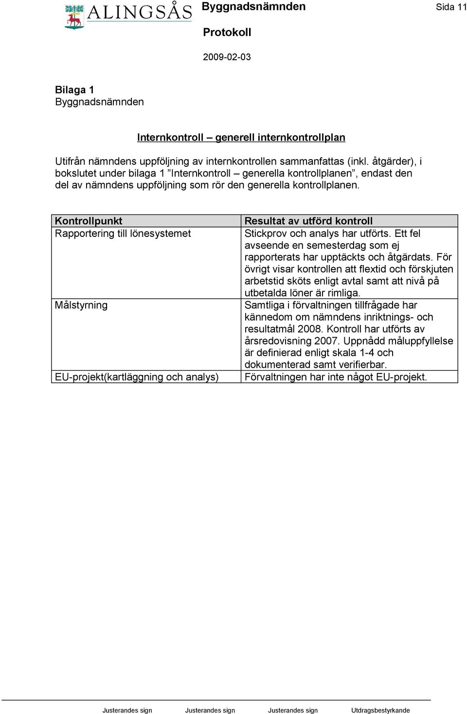 Kontrollpunkt Rapportering till lönesystemet Målstyrning EU-projekt(kartläggning och analys) Resultat av utförd kontroll Stickprov och analys har utförts.