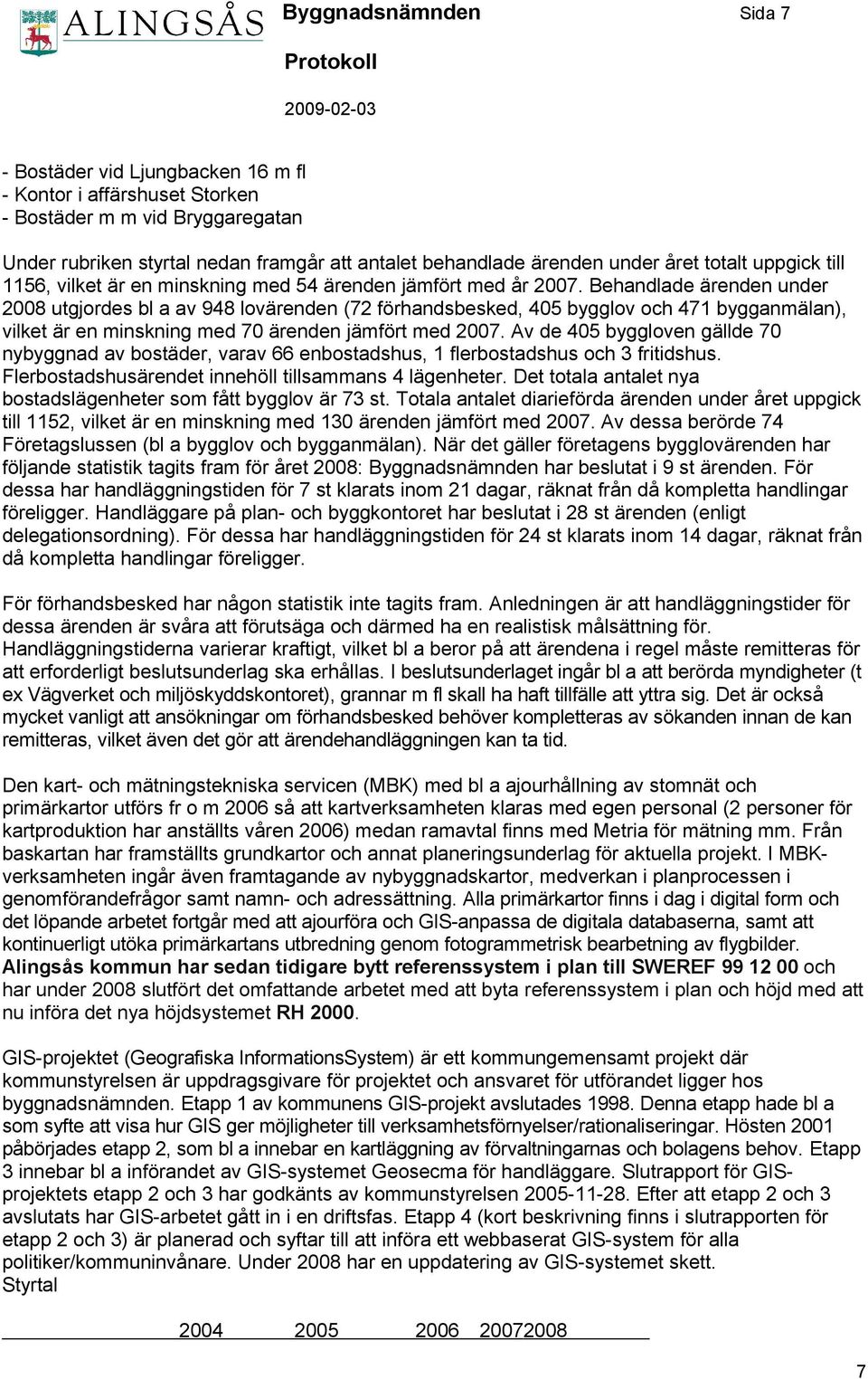 Behandlade ärenden under 2008 utgjordes bl a av 948 lovärenden (72 förhandsbesked, 405 bygglov och 471 bygganmälan), vilket är en minskning med 70 ärenden jämfört med 2007.