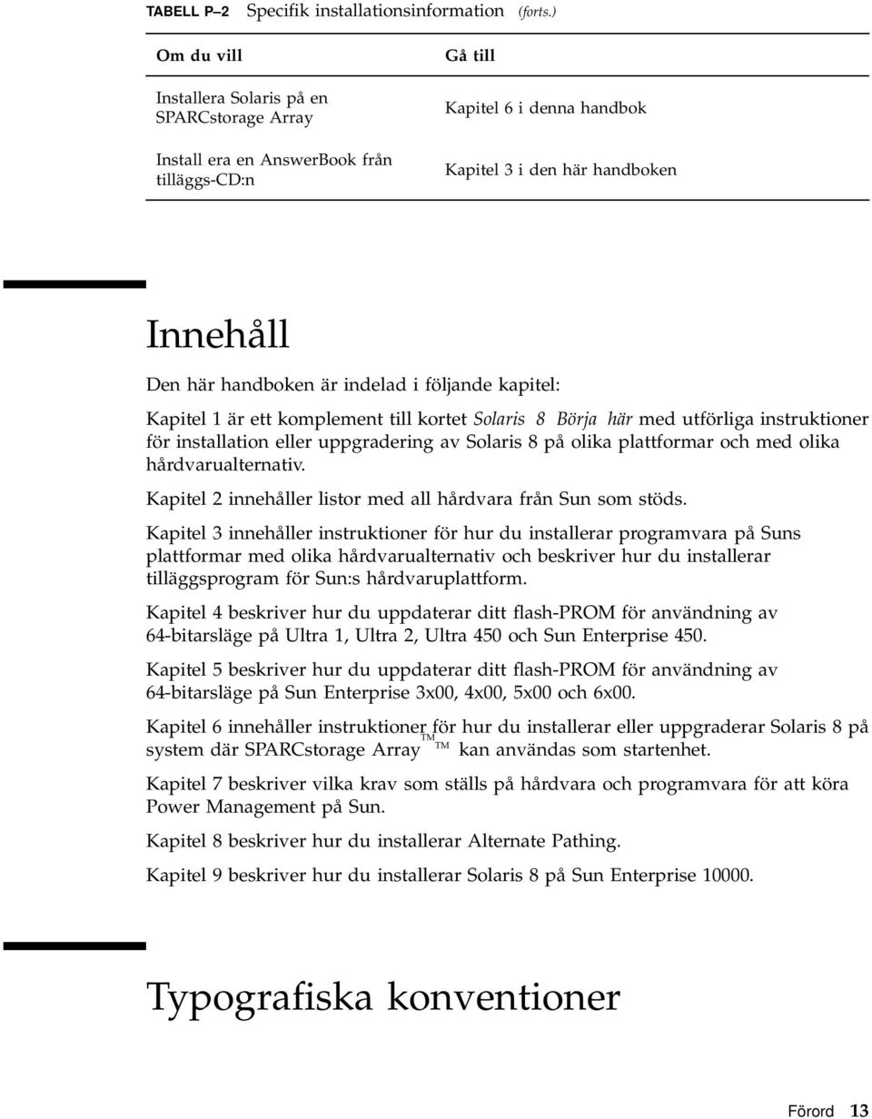 indelad i följande kapitel: Kapitel 1 är ett komplement till kortet Solaris 8 Börja här med utförliga instruktioner för installation eller uppgradering av Solaris 8 på olika plattformar och med olika