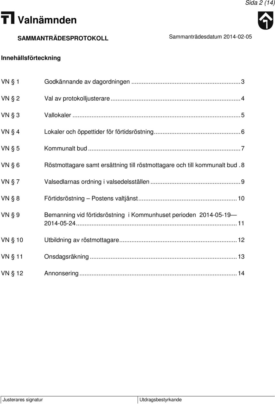 .. 7 VN 6 Röstmottagare samt ersättning till röstmottagare och till kommunalt bud. 8 VN 7 Valsedlarnas ordning i valsedelsställen.