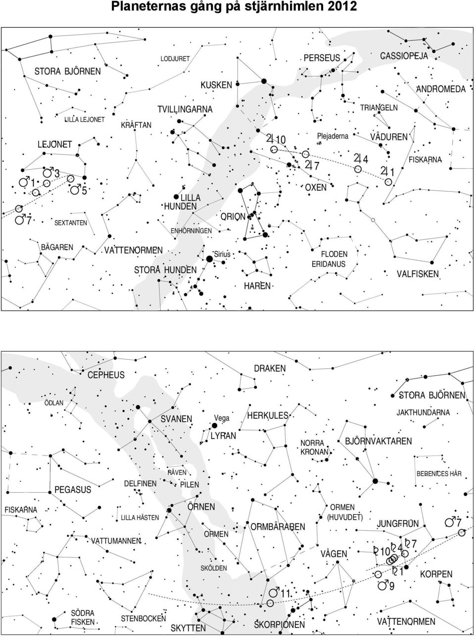 CEPHEUS DRAKEN ÖDLAN SVANEN Vega HERKULES STORA BJÖRNEN JAKTHUNDARNA LYRAN NORRA KRONAN BJÖRNVAKTAREN PEGASUS DELFINEN RÄVEN PILEN BERENICES HÅR FISKARNA