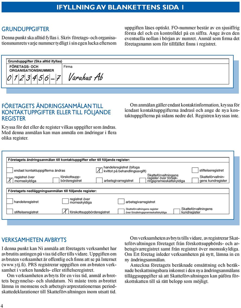 Skriv ändring företags- eller nedläggning och organisa-tiltionsnumrets momsskyldiga, varje förskottsuppbördsregistret, nummer tydligt i sin egen lucka arbetsgivarregistret eftersom företagsnamn och