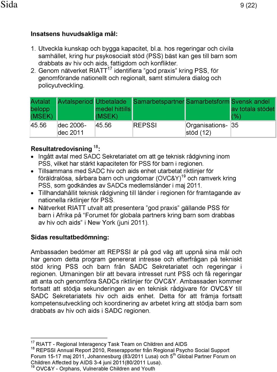 Avtalat belopp Avtalsperiod Utbetalade medel hittills 45.56 dec 2006- dec 2011 Samarbetspartner Samarbetsform Svensk andel av totala stödet (%) 45.