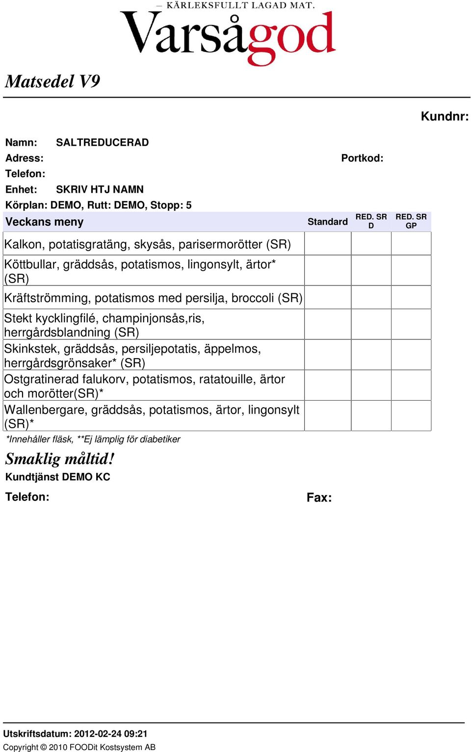 Skinkstek, gräddsås, persiljepotatis, äppelmos, herrgårdsgrönsaker* (SR) Ostgratinerad falukorv, potatismos, ratatouille, ärtor och