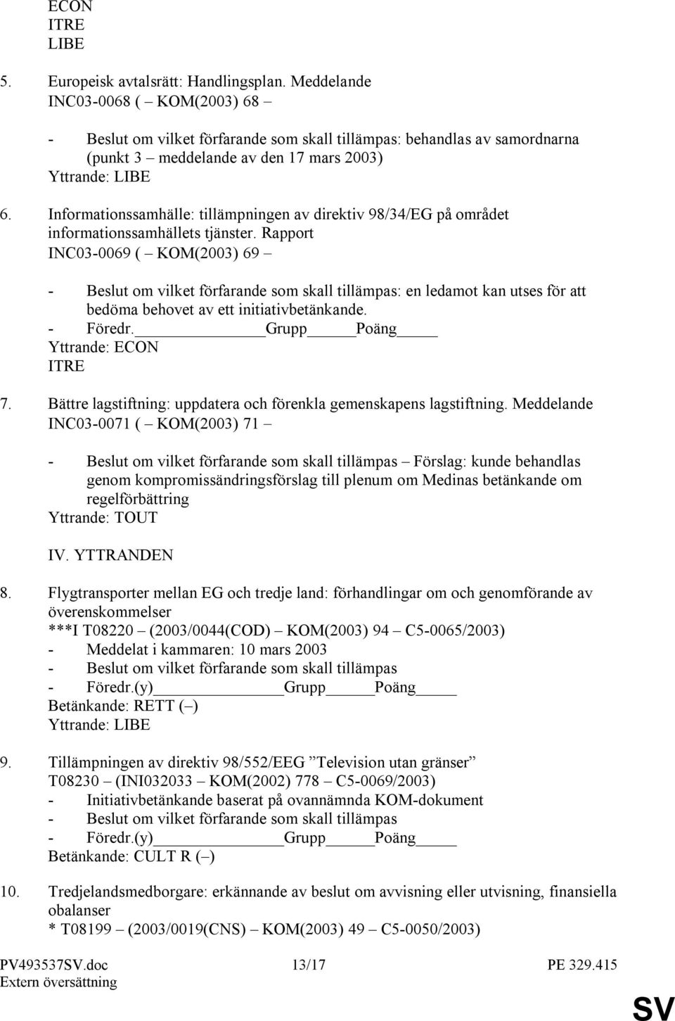 Rapport INC03-0069 ( KOM(2003) 69 : en ledamot kan utses för att bedöma behovet av ett initiativbetänkande. - Föredr. Grupp Poäng Yttrande: ECON ITRE 7.