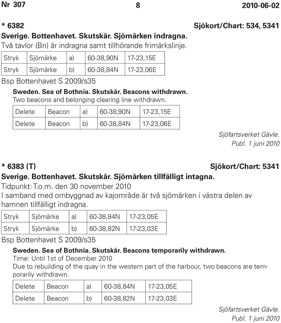 Two beacons and belonging clearing line withdrawn. Delete Beacon a) 60-38,90N 17-23,15E Delete Beacon b) 60-38,84N 17-23,06E Sjöfartsverket Gävle. Publ.