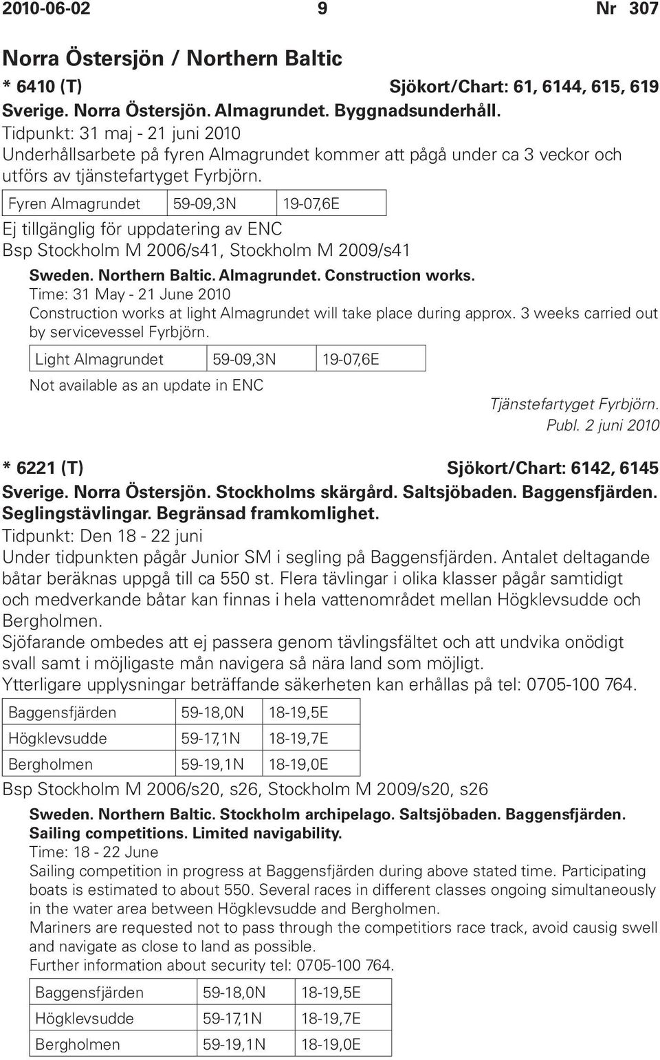 Fyren Almagrundet 59-09,3N 19-07,6E Ej tillgänglig för uppdatering av ENC Bsp Stockholm M 2006/s41, Stockholm M 2009/s41 Sweden. Northern Baltic. Almagrundet. Construction works.