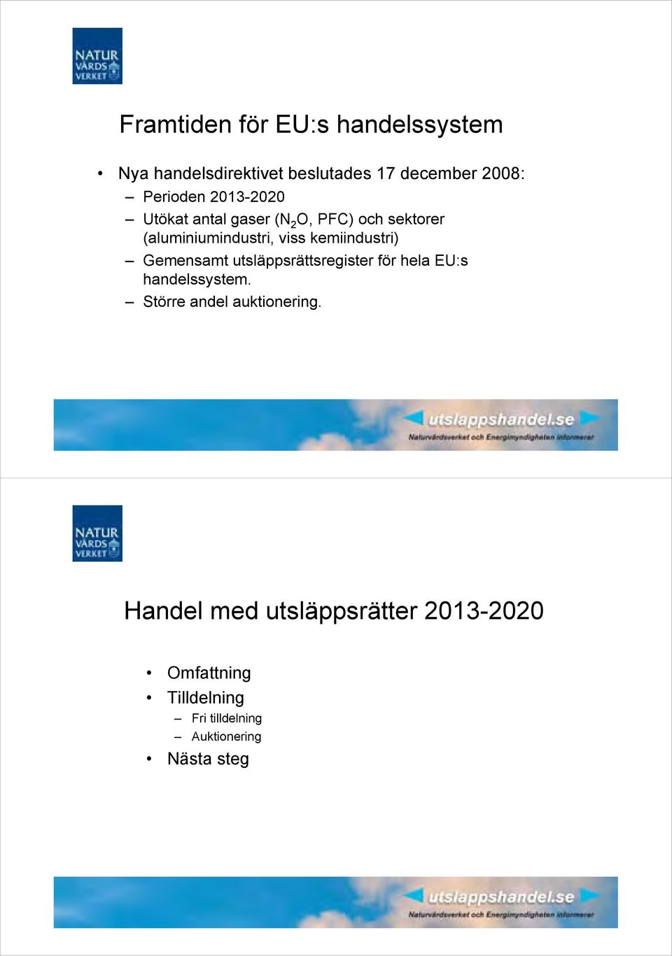 Gemensamt utsläppsrättsregister för hela EU:s handelssystem. Större andel auktionering.