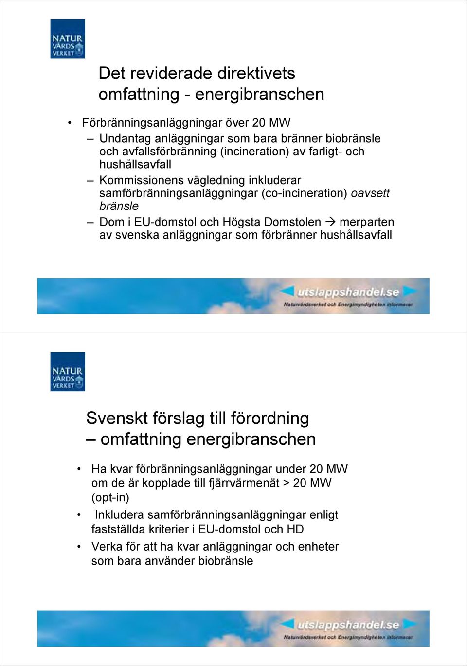 svenska anläggningar som förbränner hushållsavfall Svenskt förslag till förordning omfattning energibranschen Ha kvar förbränningsanläggningar under 20 MW om de är kopplade till