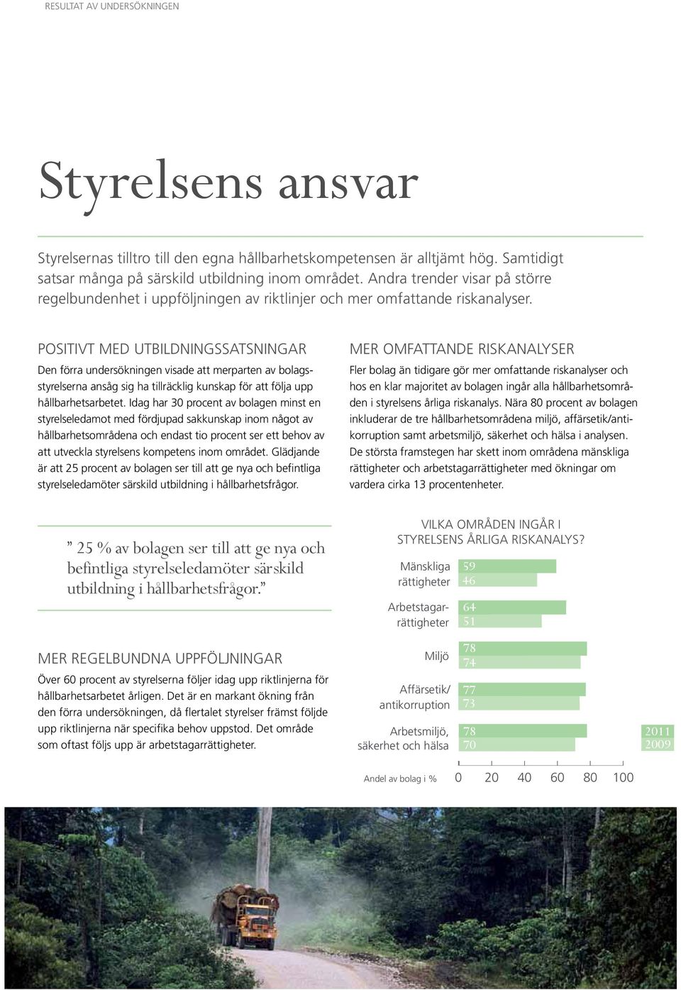 Positivt med utbildningssatsningar Den förra undersökningen visade att merparten av bolagsstyrelserna ansåg sig ha tillräcklig kunskap för att följa upp hållbarhetsarbetet.