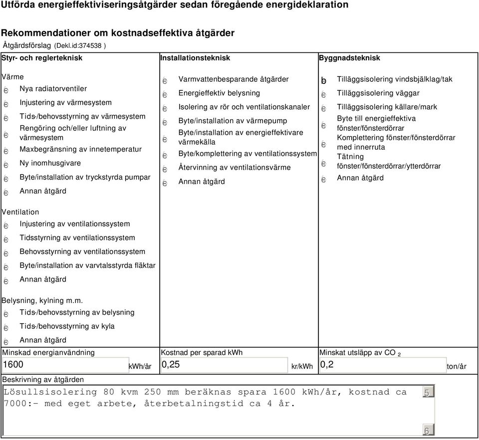 värmesystem Maxbegränsning av innetemperatur Ny inomhusgivare Byte/installation av tryckstyrda pumpar Varmvattenbesparande åtgärder Energieffektiv belysning Isolering av rör och ventilationskanaler