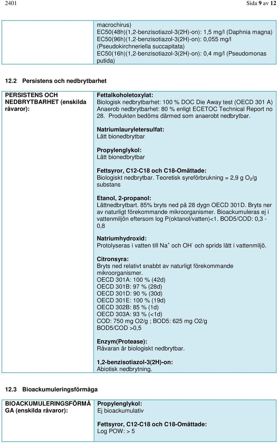 2 Persistens och nedbrytbarhet PERSISTENS OCH NEDBRYTBARHET (enskilda råvaror): Fettalkoholetoxylat: Biologisk nedbrytbarhet: 100 % DOC Die Away test (OECD 301 A) Anaerob nedbrytbarhet: 80 % enligt