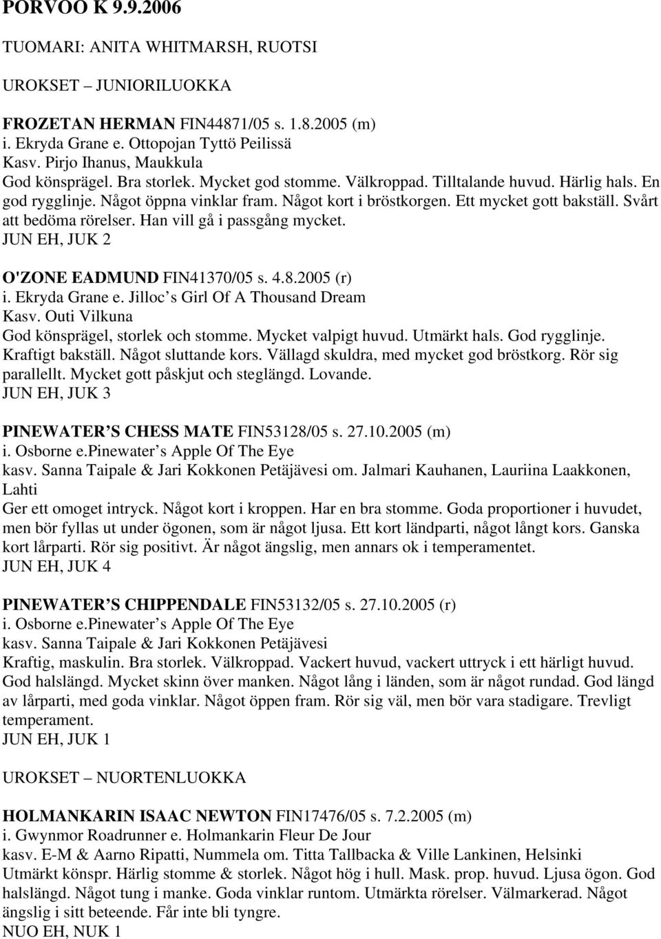 Ett mycket gott bakställ. Svårt att bedöma rörelser. Han vill gå i passgång mycket. JUN EH, JUK 2 O'ZONE EADMUND FIN41370/05 s. 4.8.2005 (r) i. Ekryda Grane e. Jilloc s Girl Of A Thousand Dream Kasv.