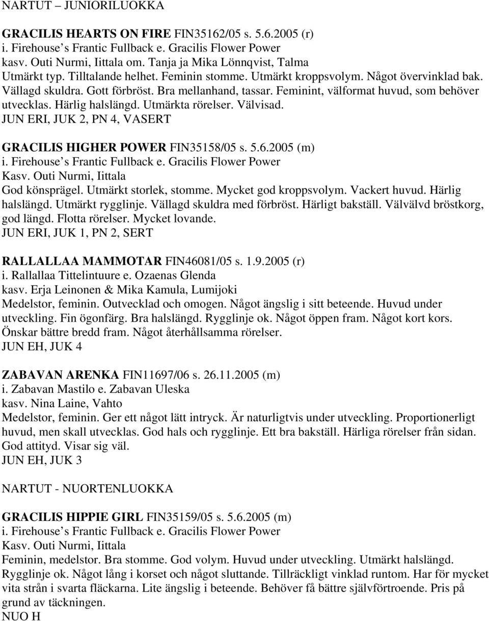 Feminint, välformat huvud, som behöver utvecklas. Härlig halslängd. Utmärkta rörelser. Välvisad. JUN ERI, JUK 2, PN 4, VASERT GRACILIS HIGHER POWER FIN35158/05 s. 5.6.2005 (m) i.