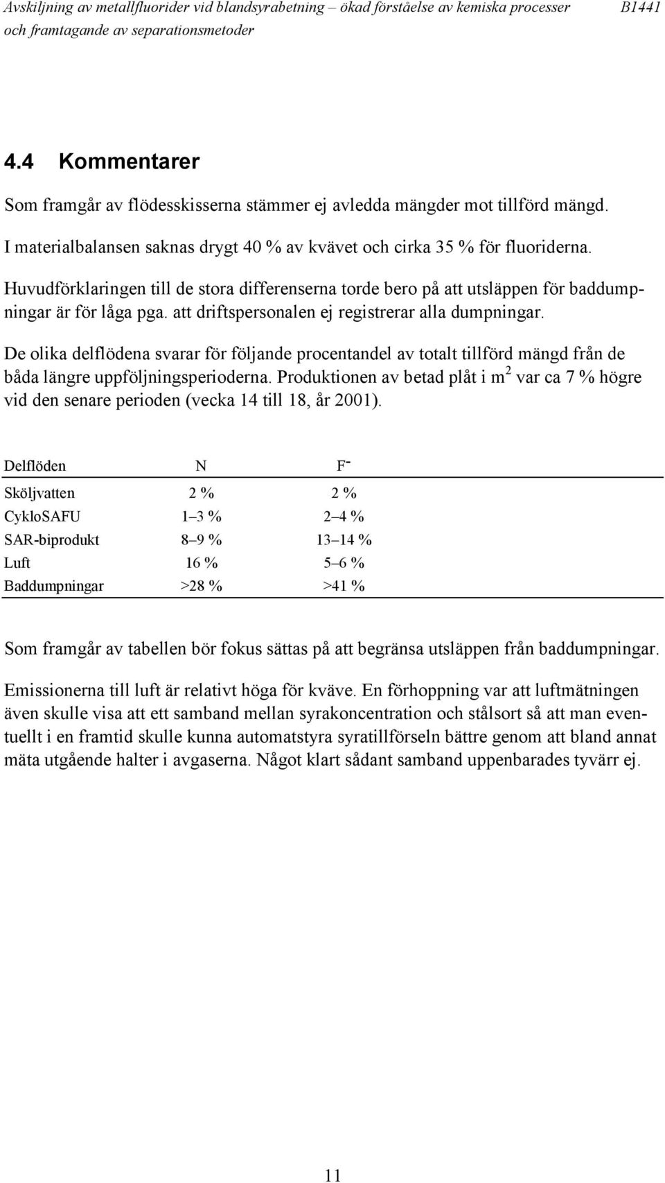 att driftspersonalen ej registrerar alla dumpningar. De olika delflödena svarar för följande procentandel av totalt tillförd mängd från de båda längre uppföljningsperioderna.