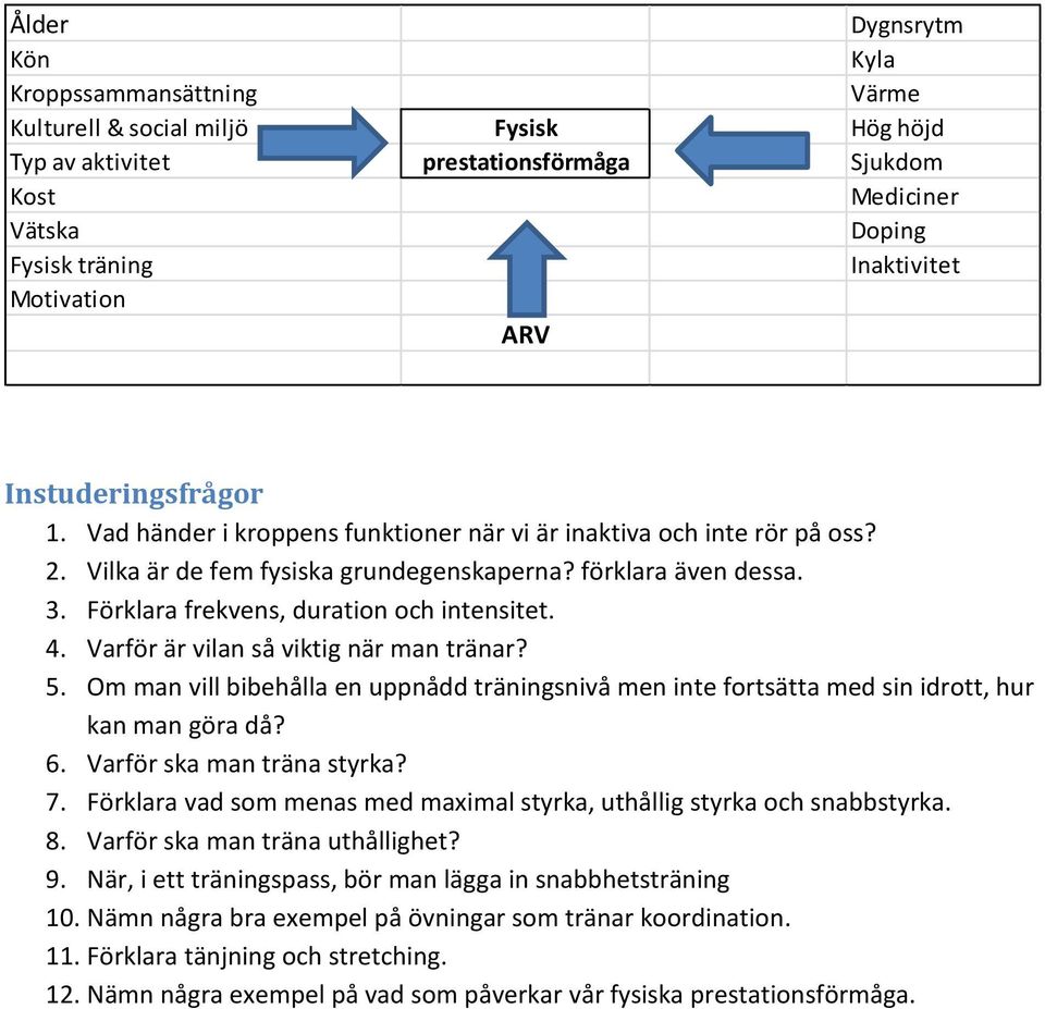 Förklara frekvens, duration och intensitet. 4. Varför är vilan så viktig när man tränar? 5. Om man vill bibehålla en uppnådd träningsnivå men inte fortsätta med sin idrott, hur kan man göra då? 6.