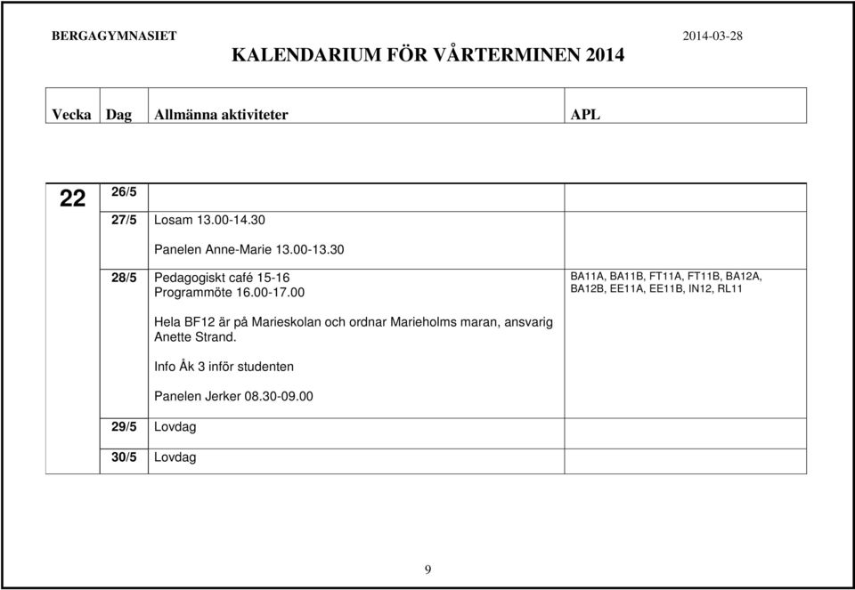 00 BA11A, BA11B, FT11A, FT11B, BA12A, Hela BF12 är på Marieskolan och