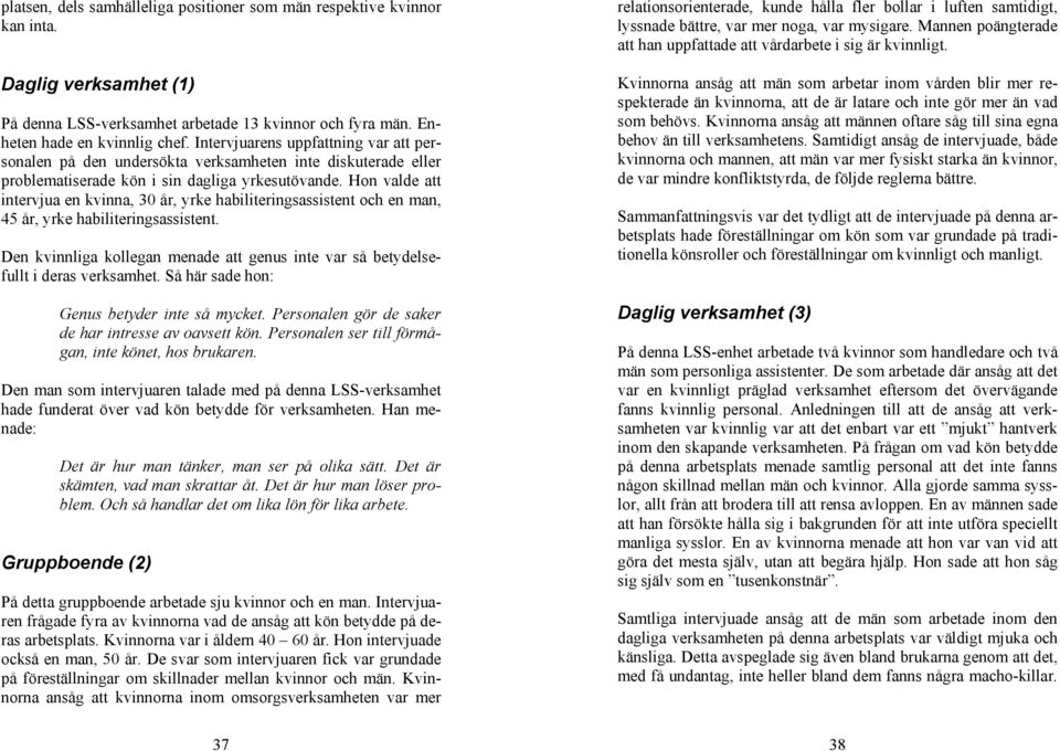 Hon valde att intervjua en kvinna, 30 år, yrke habiliteringsassistent och en man, 45 år, yrke habiliteringsassistent.