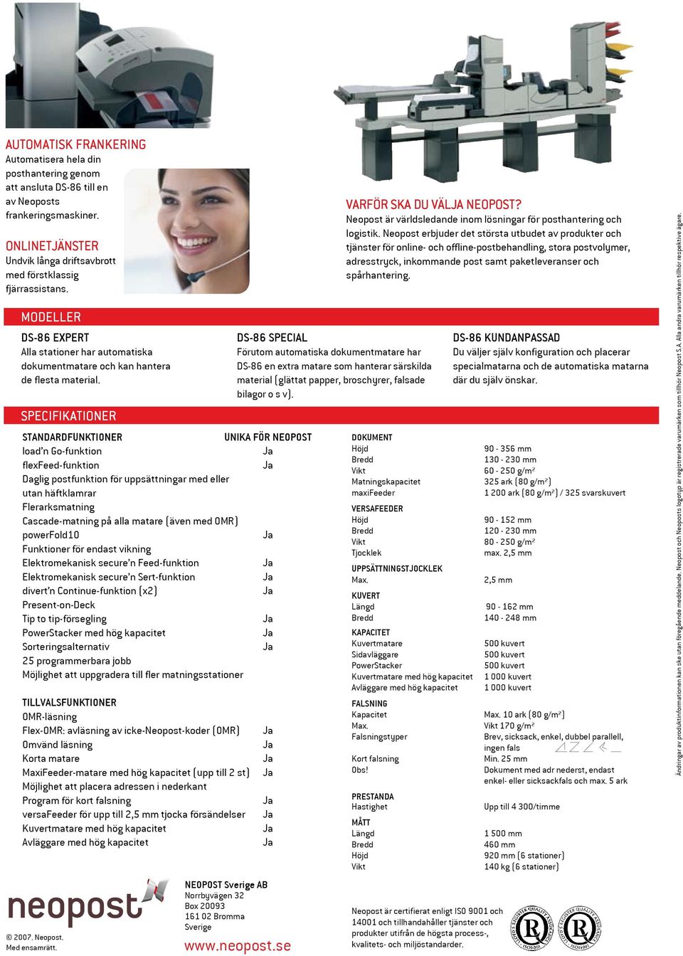 SPECIFIKATIONER STANDARDFUNKTIONER UNIKA FÖR NEOPOST load n Go-funktion flexfeed-funktion Daglig postfunktion för uppsättningar med eller utan häftklamrar Flerarksmatning Cascade-matning på alla