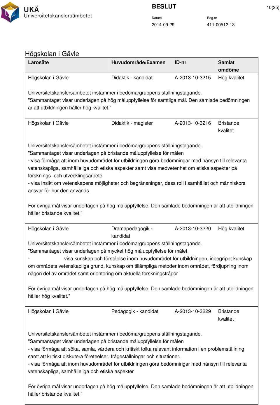 " Högskolan i Gävle Didaktik - magister A-2013-10-3216 Bristande kvalitet Universitetskanslersämbetet instämmer i bedömargruppens ställningstagande.