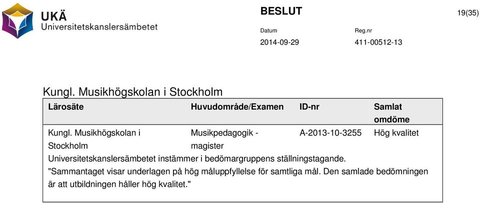 Musikhögskolan i Musikpedagogik - A-2013-10-3255 Hög kvalitet Stockholm magister