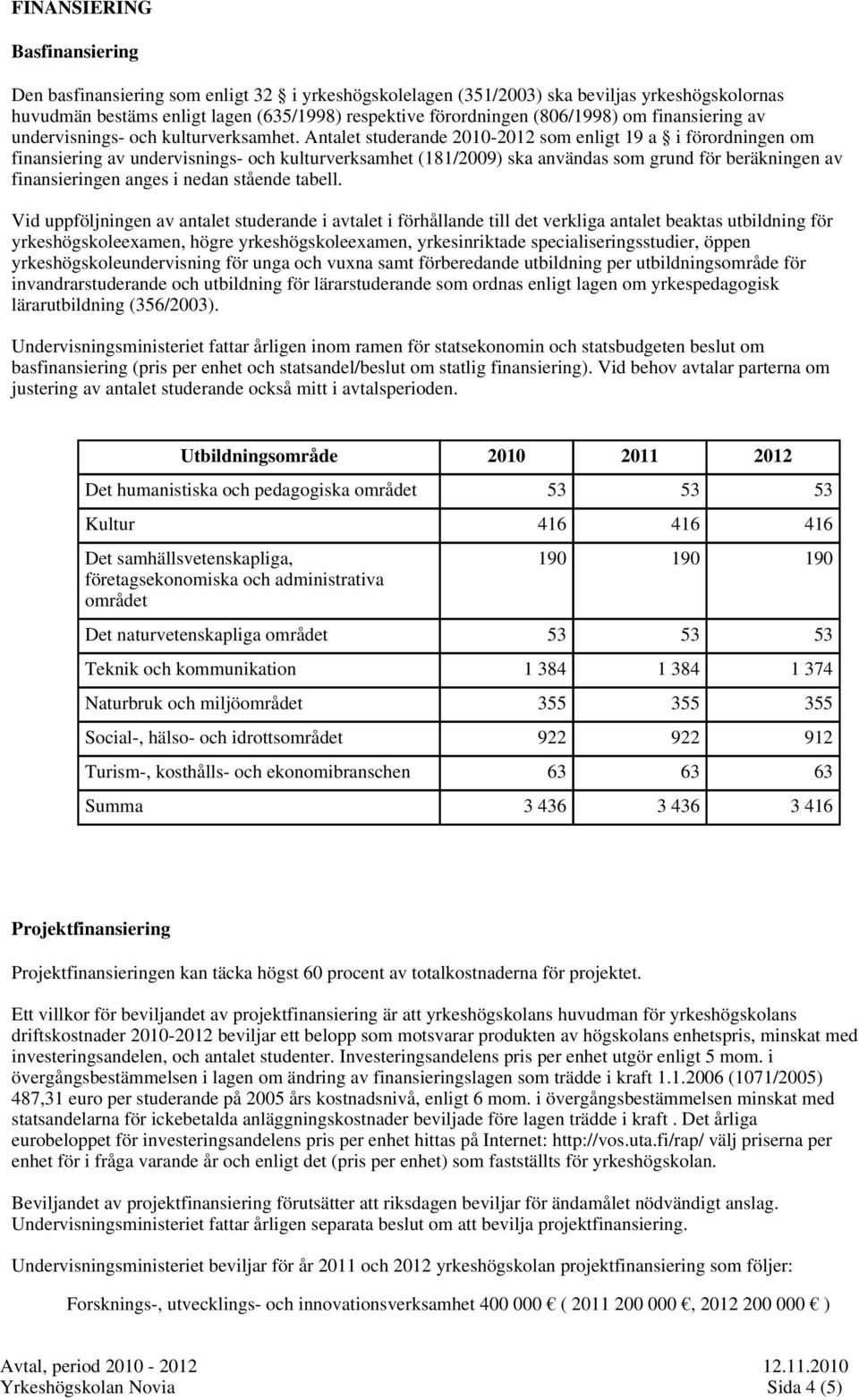 Antalet studerande 2010-2012 som enligt 19 a i förordningen om finansiering av undervisnings- och kulturverksamhet (181/2009) ska användas som grund för beräkningen av finansieringen anges i nedan