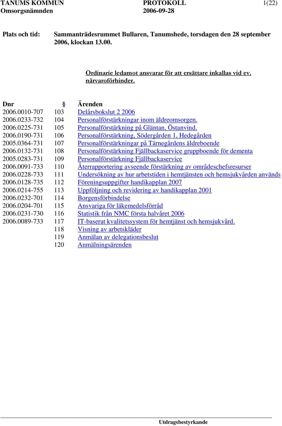 0364-731 107 Personalförstärkningar på Tärnegårdens äldreboende 2006.0132-731 108 Personalförstärkning Fjällbackaservice gruppboende för dementa 2005.