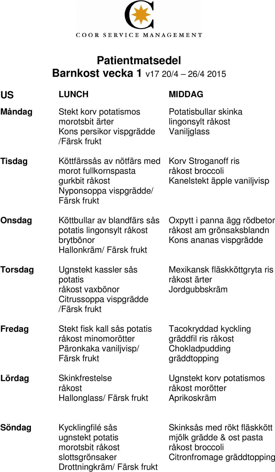 Potatisbullar skinka lingonsylt Vaniljglass Korv Stroganoff ris broccoli Kanelstekt äpple vaniljvisp Oxpytt i panna ägg rödbetor am grönsaksblandn Kons ananas vispgrädde Mexikansk