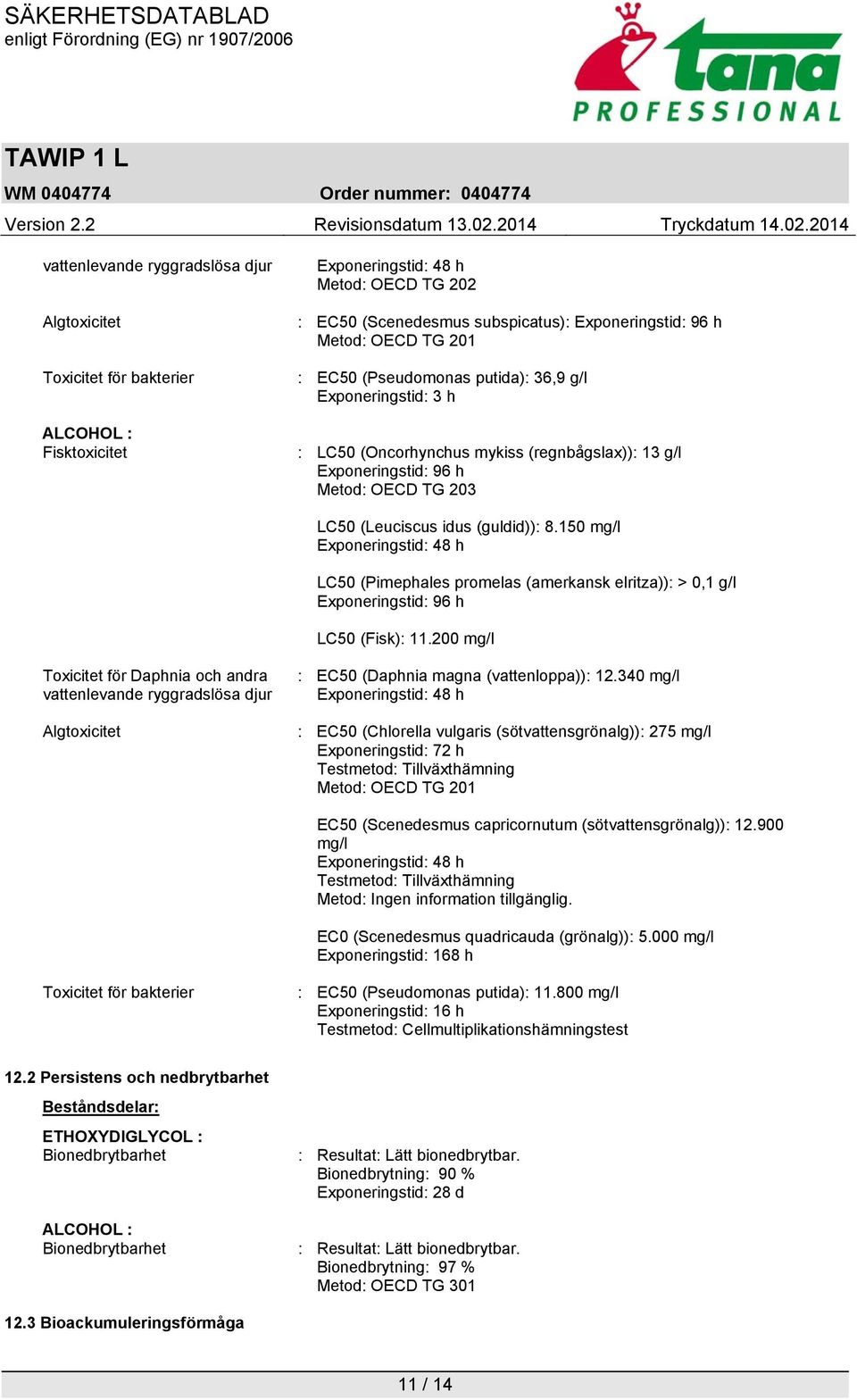 150 mg/l Exponeringstid: 48 h LC50 (Pimephales promelas (amerkansk elritza)): > 0,1 g/l Exponeringstid: 96 h LC50 (Fisk): 11.