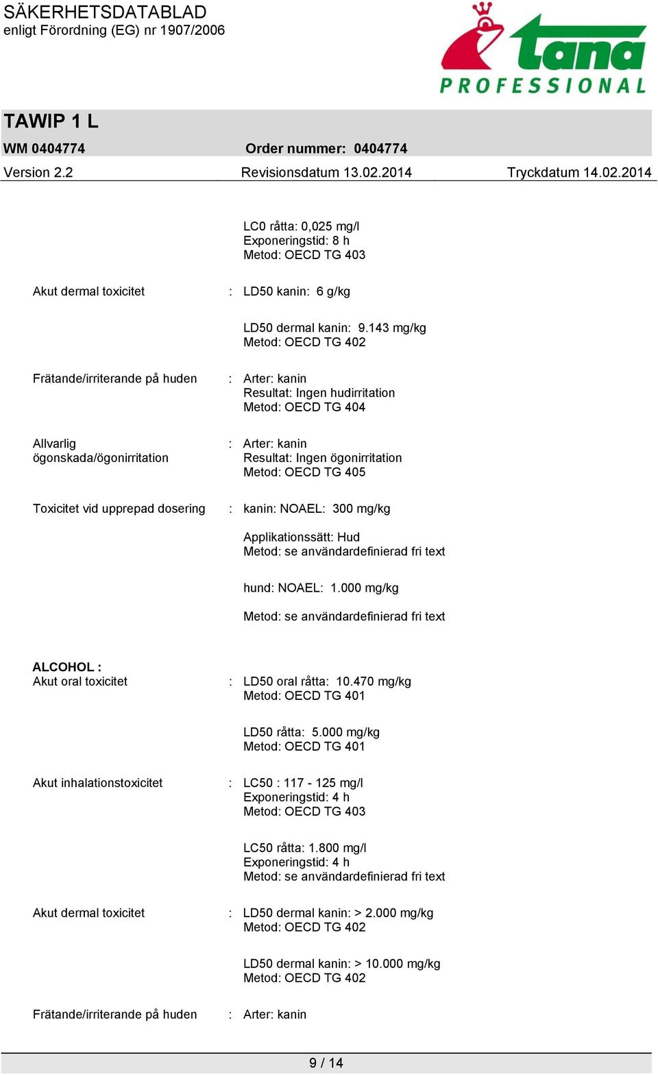 kanin Resultat: Ingen ögonirritation Metod: OECD TG 405 : kanin: NOAEL: 300 mg/kg Applikationssätt: Hud Metod: se användardefinierad fri text hund: NOAEL: 1.