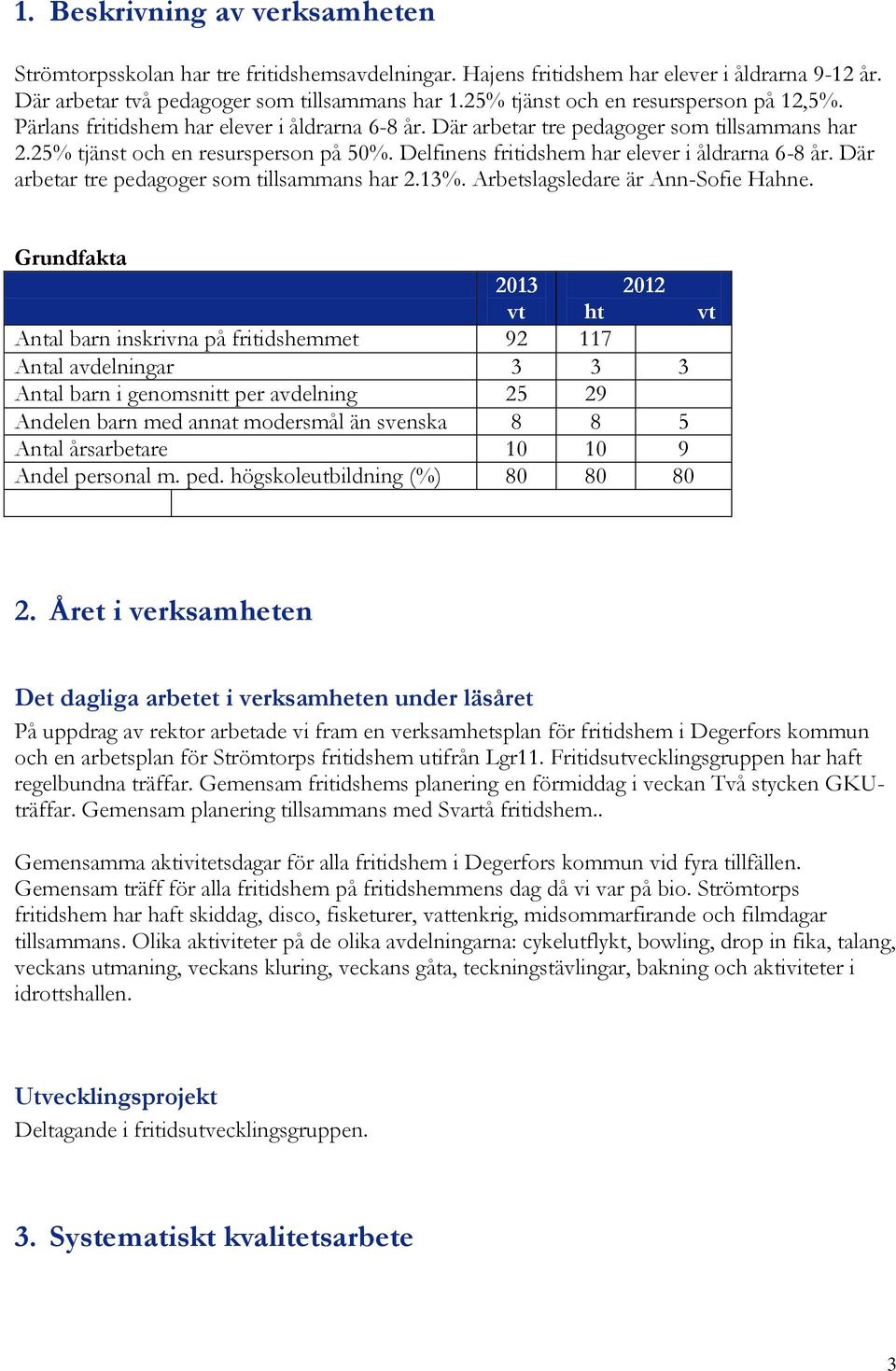 Delfinens fritidshem har elever i åldrarna 6-8 år. Där arbetar tre pedagoger som tillsammans har 2.13%. Arbetslagsledare är Ann-Sofie Hahne.
