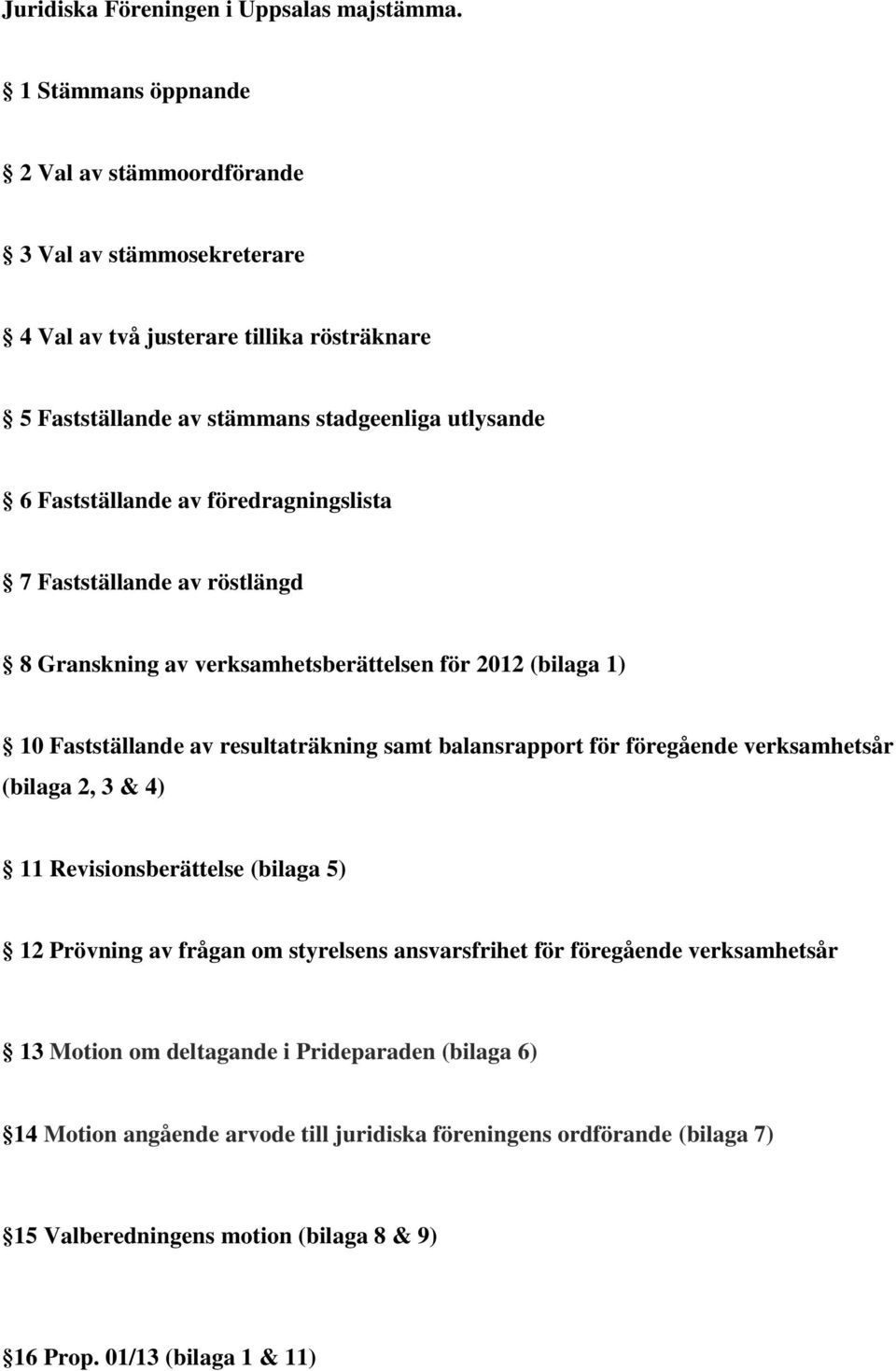 föredragningslista 7 Fastställande av röstlängd 8 Granskning av verksamhetsberättelsen för 2012 (bilaga 1) 10 Fastställande av resultaträkning samt balansrapport för föregående