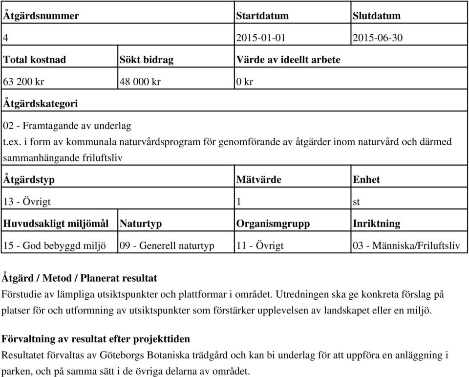 Organismgrupp Inriktning 15 - God bebyggd miljö 09 - Generell naturtyp 11 - Övrigt 03 - Människa/Friluftsliv Åtgärd / Metod / Planerat resultat Förstudie av lämpliga utsiktspunkter och plattformar i