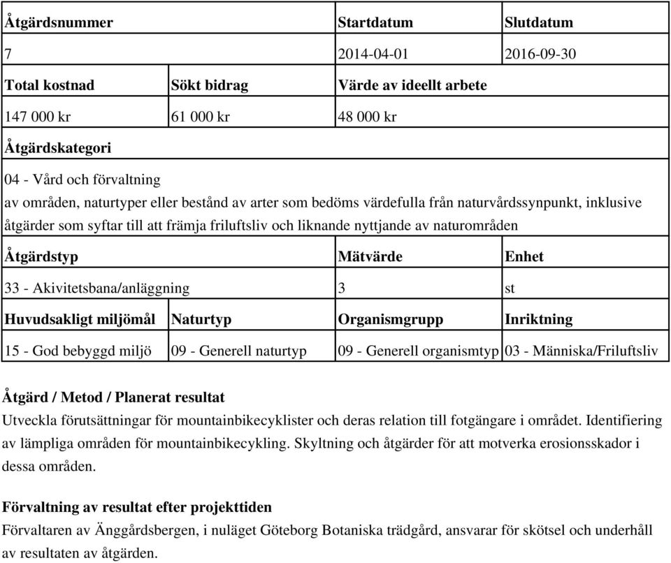 Enhet 33 - Akivitetsbana/anläggning 3 st Huvudsakligt miljömål Naturtyp Organismgrupp Inriktning 15 - God bebyggd miljö 09 - Generell naturtyp 09 - Generell organismtyp 03 - Människa/Friluftsliv