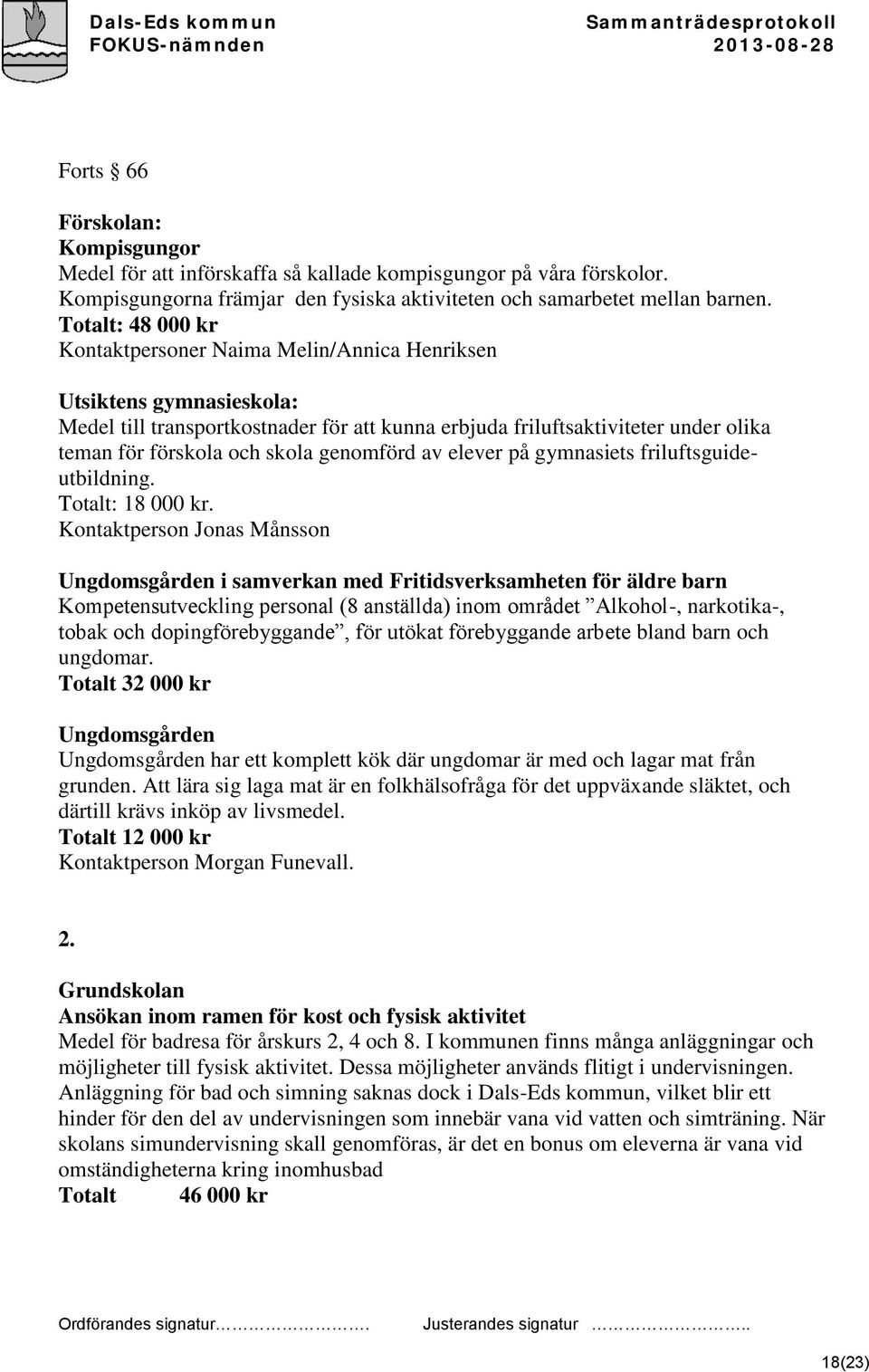 skola genomförd av elever på gymnasiets friluftsguideutbildning. Totalt: 18 000 kr.