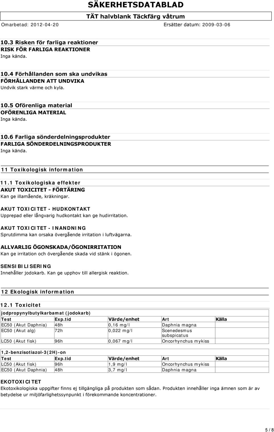 AKUT TOXICITET - HUDKONTAKT Upprepad eller långvarig hudkontakt kan ge hudirritation. AKUT TOXICITET - INANDNING Sprutdimma kan orsaka övergående irritation i luftvägarna.