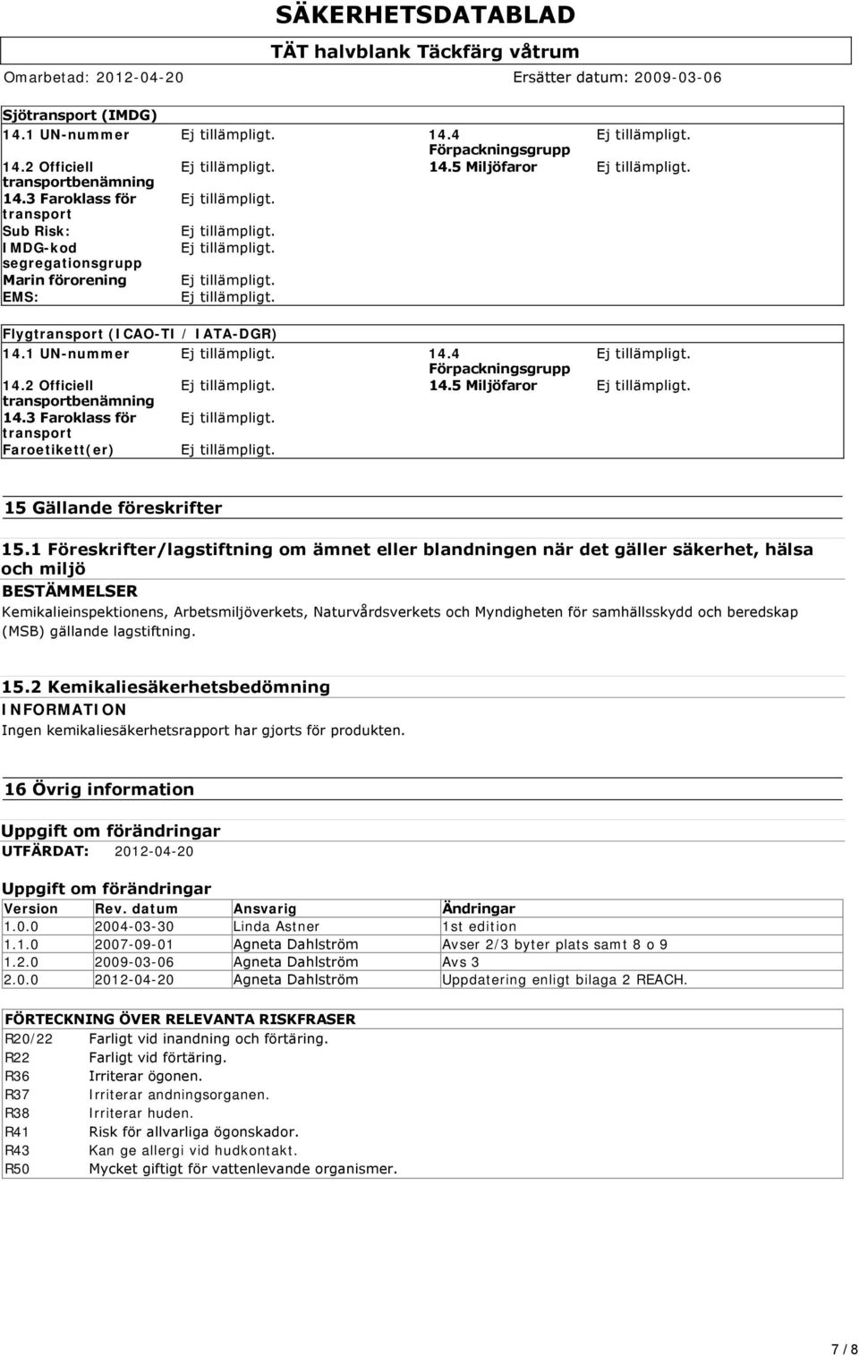 5 Miljöfaror transportbenämning 14.3 Faroklass för transport Faroetikett(er) 15 Gällande föreskrifter 15.