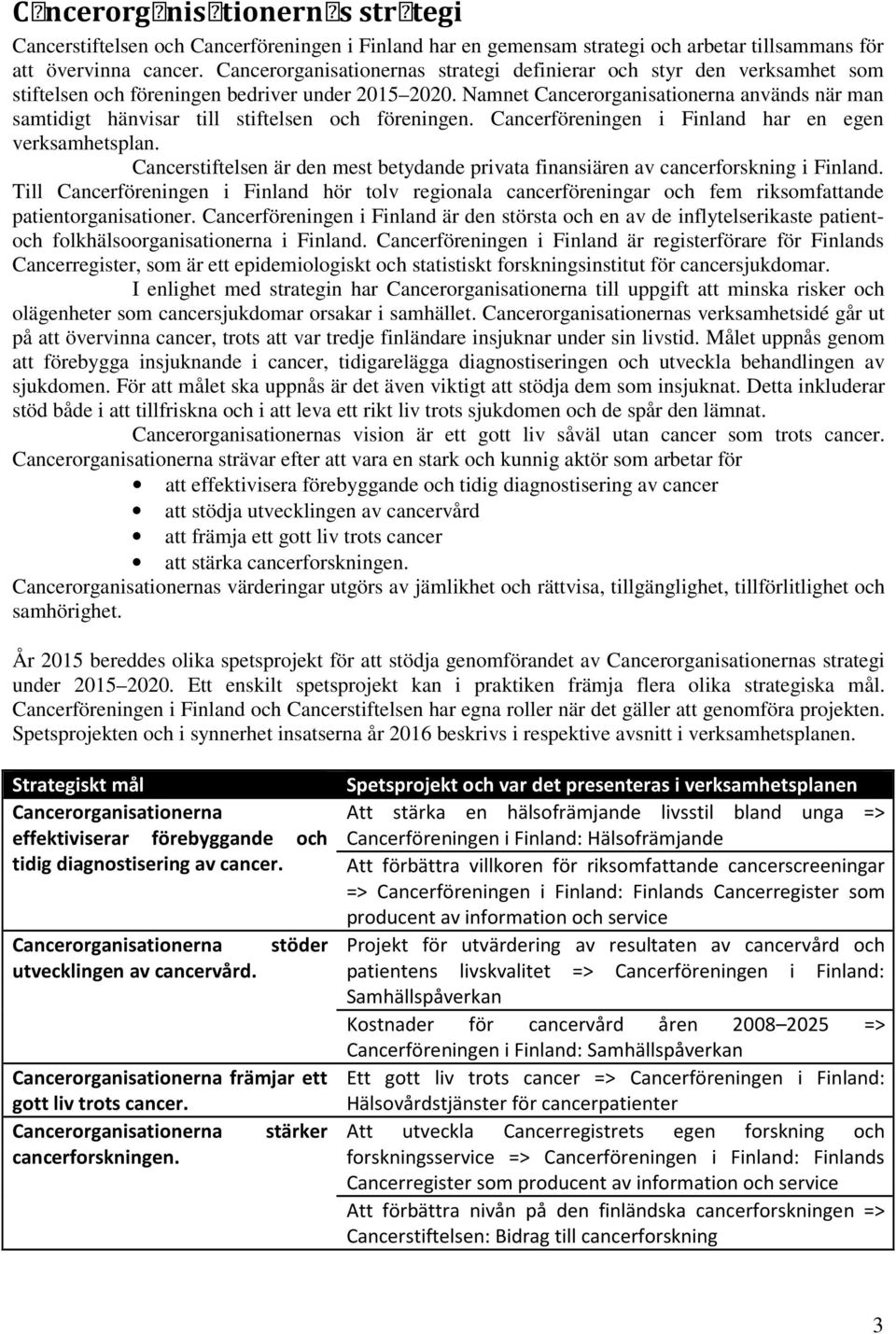 Namnet Cancerorganisationerna används när man samtidigt hänvisar till stiftelsen och föreningen. Cancerföreningen i Finland har en egen verksamhetsplan.