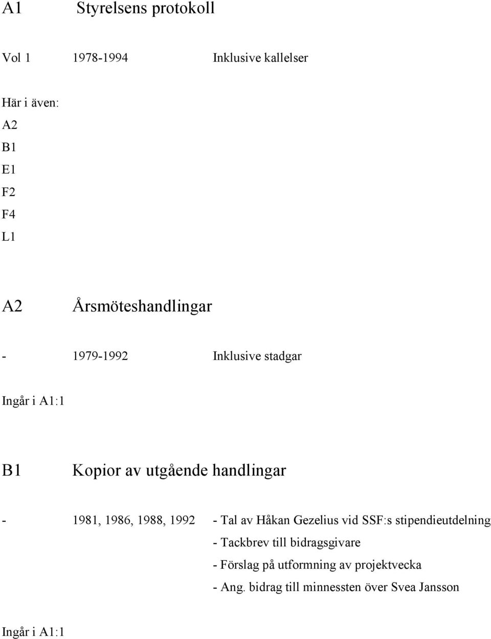 1986, 1988, 1992 - Tal av Håkan Gezelius vid SSF:s stipendieutdelning - Tackbrev till