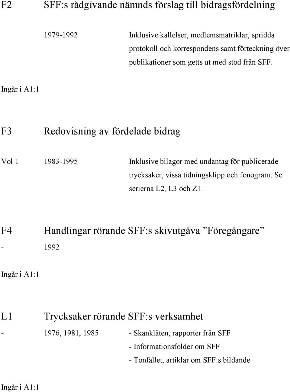 F3 Redovisning av fördelade bidrag Vol 1 1983-1995 Inklusive bilagor med undantag för publicerade trycksaker, vissa tidningsklipp och fonogram.