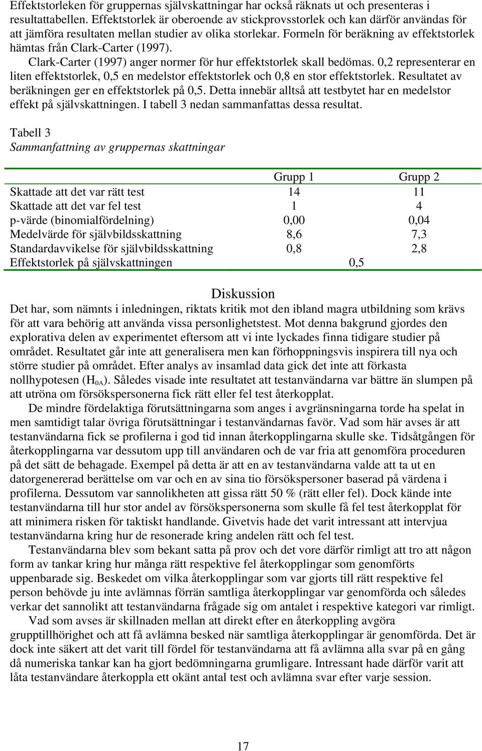 Formeln för beräkning av effektstorlek hämtas från Clark-Carter (1997). Clark-Carter (1997) anger normer för hur effektstorlek skall bedömas.