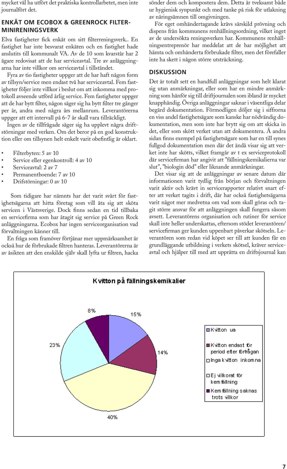 Tre av anläggningarna har inte villkor om serviceavtal i tillståndet. Fyra av tio fastigheter uppger att de har haft någon form av tillsyn/service men endast två har serviceavtal.