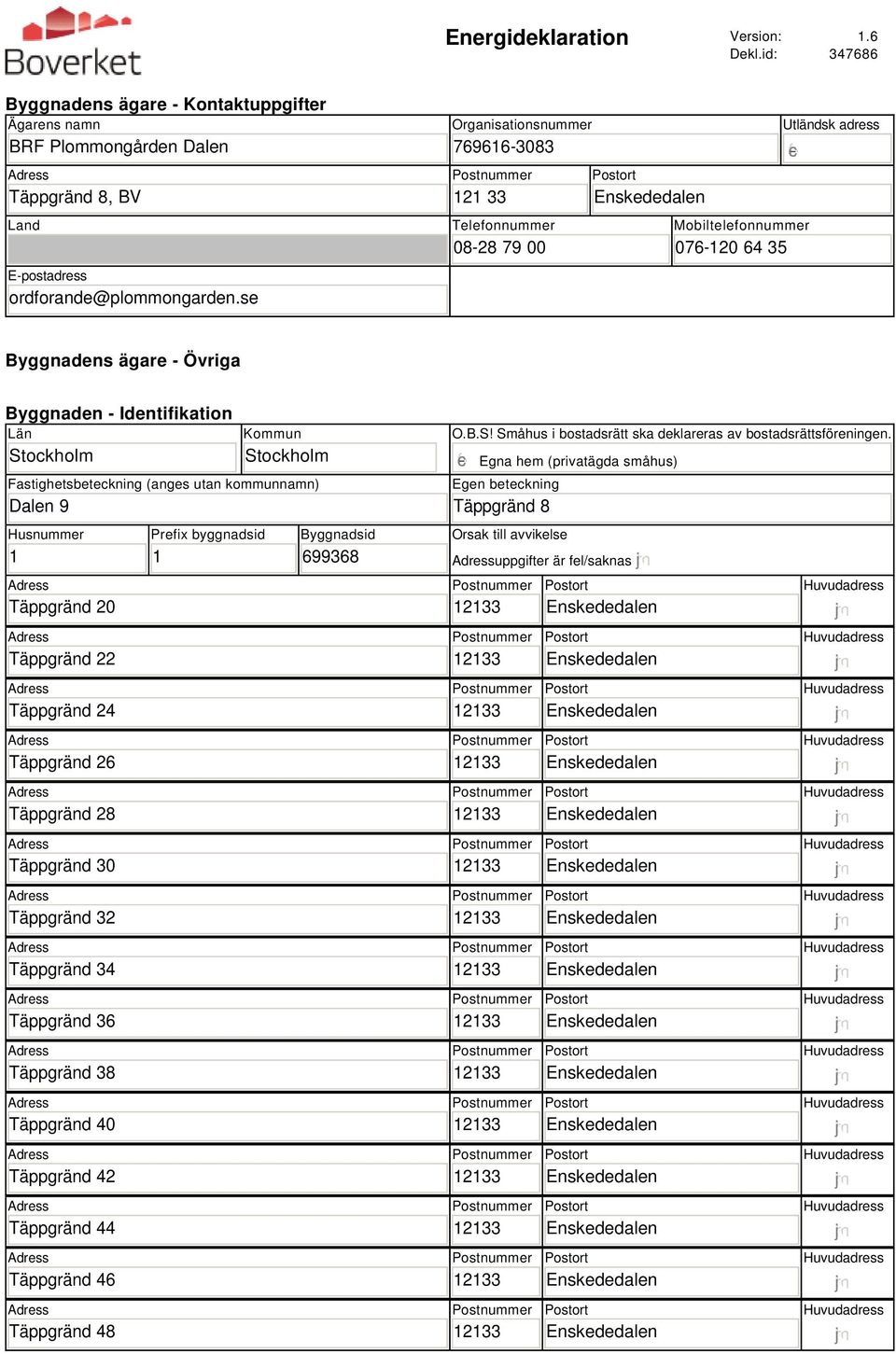 Fastighetsbeteckning (anges utan kommunnamn) Dalen 9 Husnummer 1 Täppgränd 20 Täppgränd 22 Täppgränd 24 Täppgränd 2 Täppgränd 28 Täppgränd 30 Täppgränd 32 Täppgränd 34 Täppgränd 3 Täppgränd 38