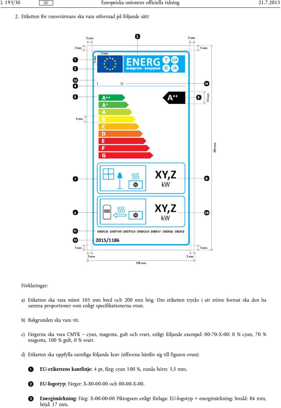 c) Färgerna ska vara CMYK cyan, magenta, gult och svart, enligt följande exempel: 00-70-X-00: 0 % cyan, 70 % magenta, 100 % gult, 0 % svart.