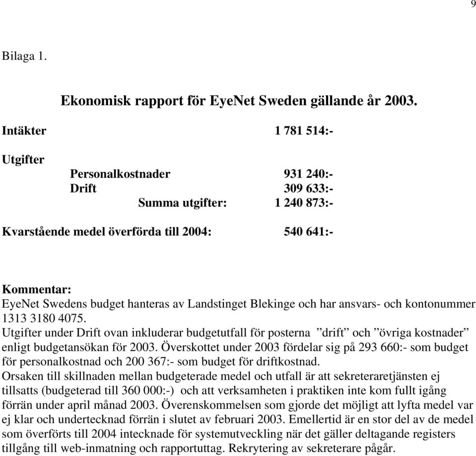 Landstinget Blekinge och har ansvars- och kontonummer 1313 3180 4075. Utgifter under Drift ovan inkluderar budgetutfall för posterna drift och övriga kostnader enligt budgetansökan för 2003.