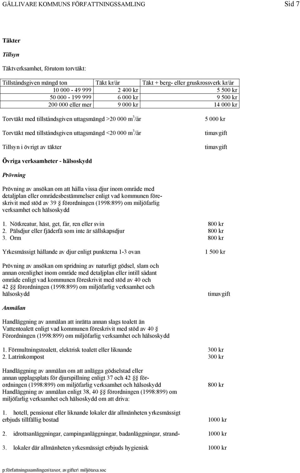 täkter 5 000 kr Övriga verksamheter - hälsoskydd Prövning Prövning av ansökan om att hålla vissa djur inom område med detaljplan eller områdesbestämmelser enligt vad kommunen föreskrivit med stöd av